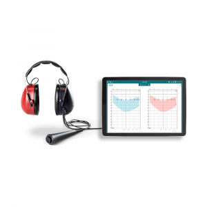 Luna – naprava za hitro in zanesljivo presejalno avdiometrijo. Na zaslonu so prikazane izmerjene vrednosti in grafi.