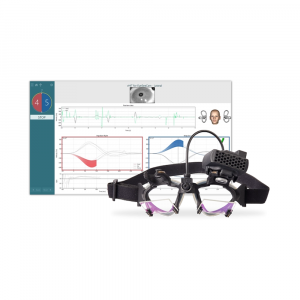 VisualEyes EyeSeeCam – celovit kombinirani sistem vHIT in VNG za hitro in objektivno merjenje vestibularnega okulomotornega refleksa (VOR). V ozadju prikaz uporabniškega vmesnika z izmerjenimi vrednostmi in grafi.