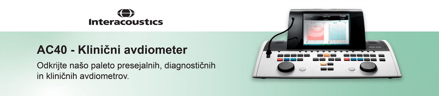 Pasica s kliničnim avdiometrom Interacoustics AC40. Naprava je prikazana na svetlo zeleni podlagi. Na zaslonu prikazuje rezultate avdiometričnega testiranja. Besedilo na pasici se glasi: AC40 - Klinični avdiometer. Odkrijte našo paleto presejalnih, diagnostičnih in kliničnih avdiometrov.