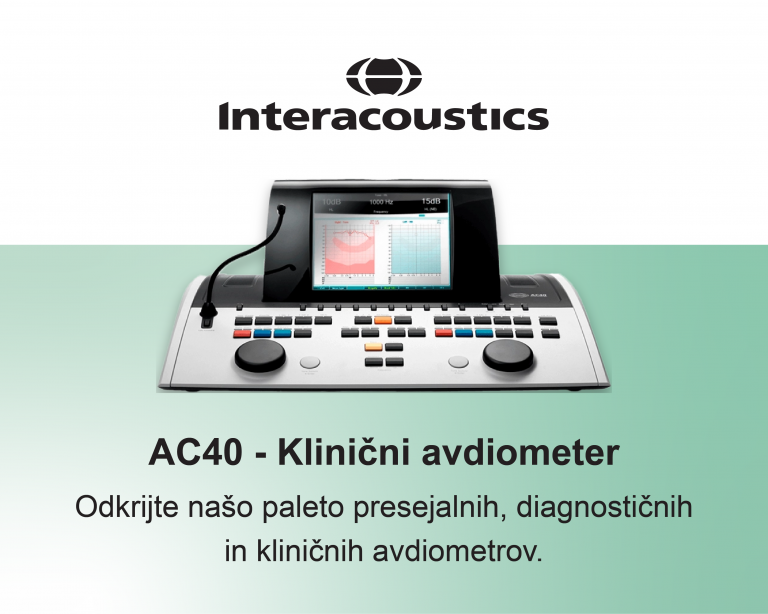 Pasica s kliničnim avdiometrom Interacoustics AC40. Naprava je prikazana na svetlo zeleni podlagi. Na zaslonu prikazuje rezultate avdiometričnega testiranja. Besedilo na pasici se glasi: AC40 - Klinični avdiometer. Odkrijte našo paleto presejalnih, diagnostičnih in kliničnih avdiometrov.